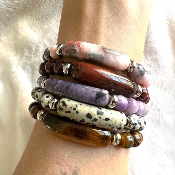 Jewelry - Mahogany Obsidian, Dalmatian Jasper, Pink Zebra, Lepidolite Mala ID Bracelet